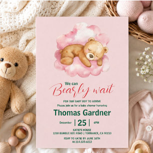 We Can Bearly Wait Boy Cute Bear Baby Shower  Invitation