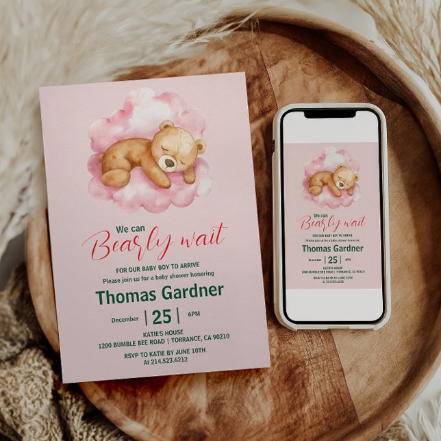 We Can Bearly Wait Boy Cute Bear Baby Shower  Invitation (Creator Uploaded)