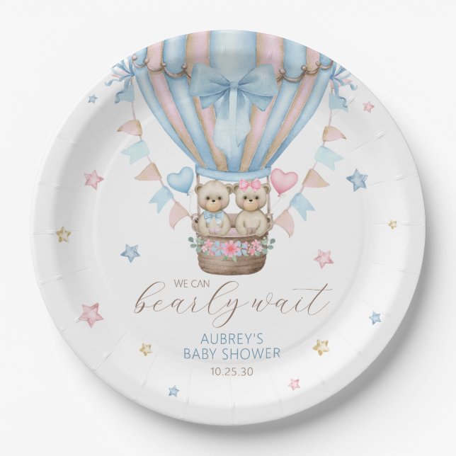We Can Bearly Wait Boy Girl Twin Baby Shower Paper Plate (Front)