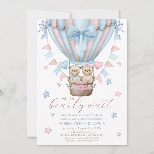 We Can Bearly Wait Boy Girl Twin Baby Sprinkle Invitation (Front)