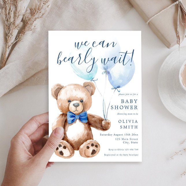 We Can Bearly Wait Boy Teddy Bear Baby Shower Invitation (Creator Uploaded)