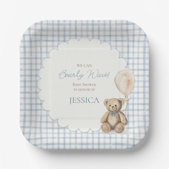 We Can Bearly Wait Boy Teddy Bear Baby Shower Paper Plate (Front)
