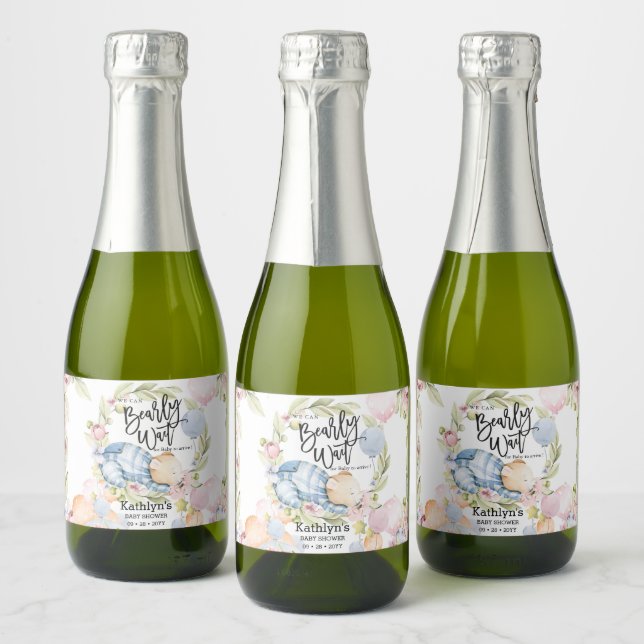 We Can Bearly Wait Boy Teddy Bear Baby Shower Sparkling Wine Label (Bottles)