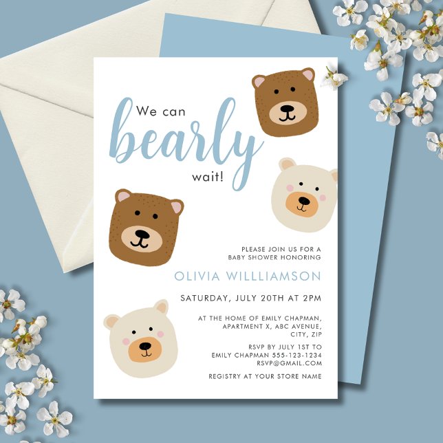 We Can Bearly Wait Boys Baby Shower Invitation (We can bearly wait, cute teddy bear baby shower invitation with blue text for baby boy.)