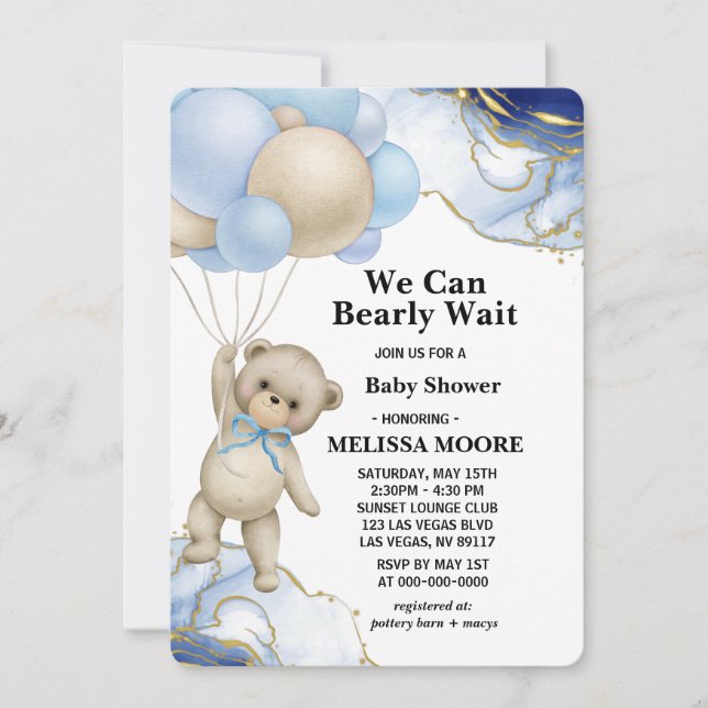 We Can Bearly Wait Champagne Gold Abstract Invitation (Front)