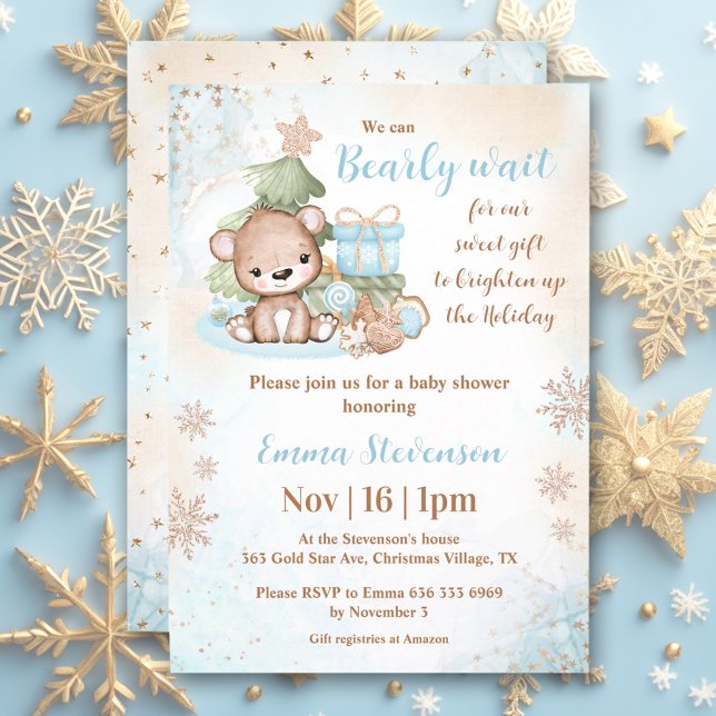 We Can Bearly Wait Christmas Bear Blue Baby Shower Invitation (We Can Bearly Wait Christmas Bear Blue Baby Shower Invitation)