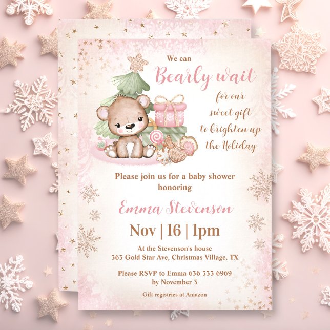 We Can Bearly Wait Christmas Bear Pink Baby Shower Invitation (We Can Bearly Wait Christmas Bear Pink Baby Shower Invitation)