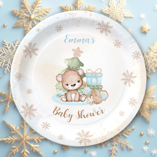 We Can Bearly Wait Christmas Boy Baby Shower Paper Plate