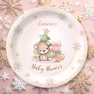 We Can Bearly Wait Christmas Girl Baby Shower Paper Plate