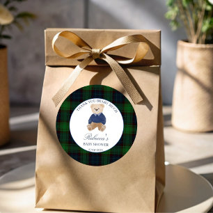 We can bearly wait classic plaid baby shower favou round sticker