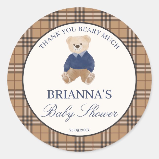 We can bearly wait classic plaid baby shower favou round sticker (Front)