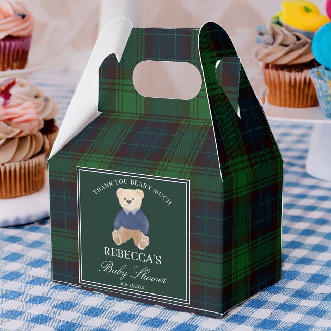 We can bearly wait classic plaid baby shower favour box (We can bearly wait classic green plaid polo teddy bear baby shower favors personalized favor boxes)
