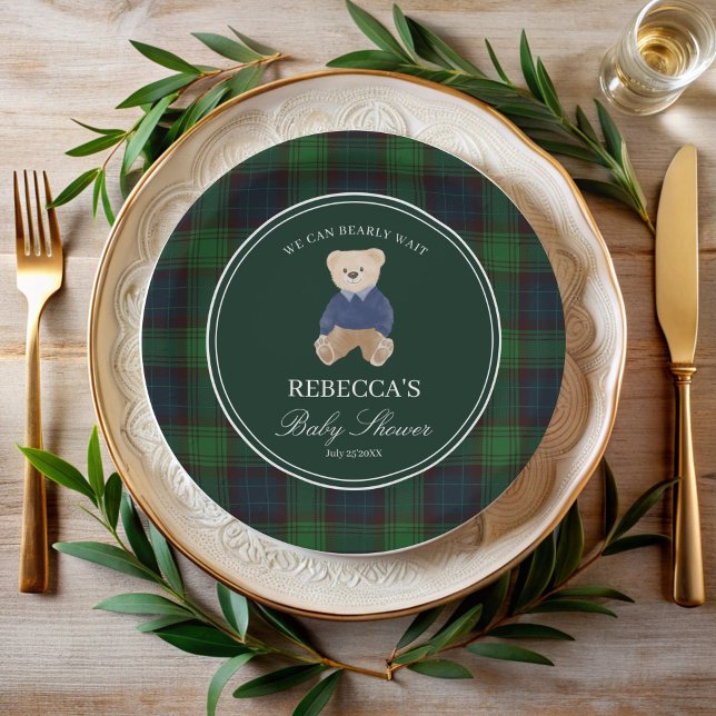 We can bearly wait classic plaid baby shower paper plate (We can bearly wait green plaid  classic polo teddy bear baby shower personalized paper plates)