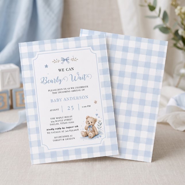 We Can Bearly Wait Classic Teddy Blue Custom Invitation (Creator Uploaded)