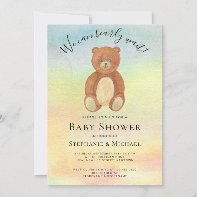 We Can Bearly Wait Couples Watercolor Baby Shower  Invitation (Front)