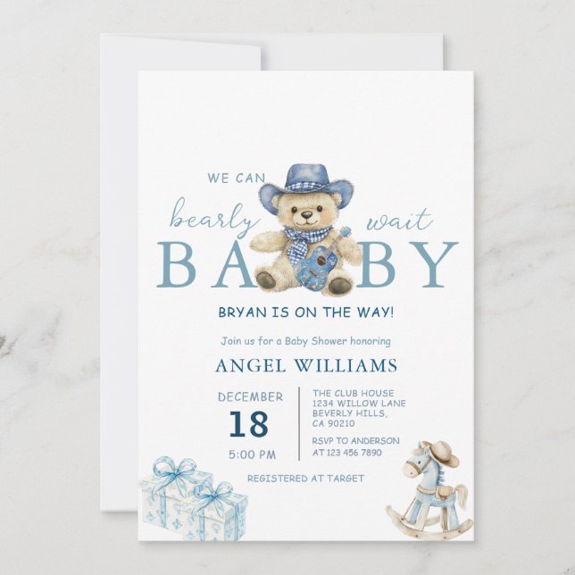 We Can Bearly Wait Cowboy Baby Shower Invitation (Front)