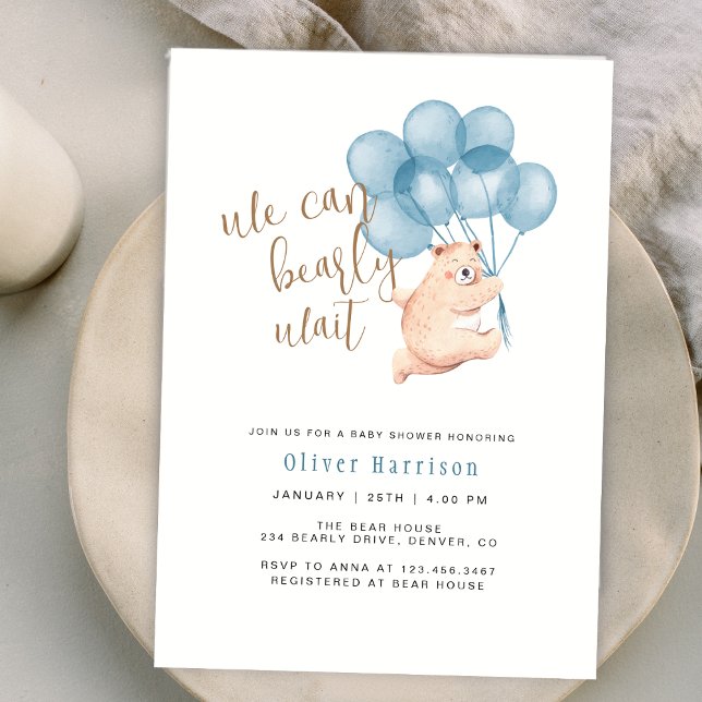 We Can Bearly Wait Cute Bear Balloon Baby Shower Invitation (We Can Bearly Wait Cute Bear Balloon Baby Shower Invitation)