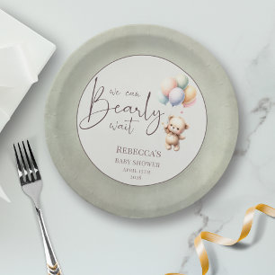 We can bearly wait cute bear balloon baby shower paper plate