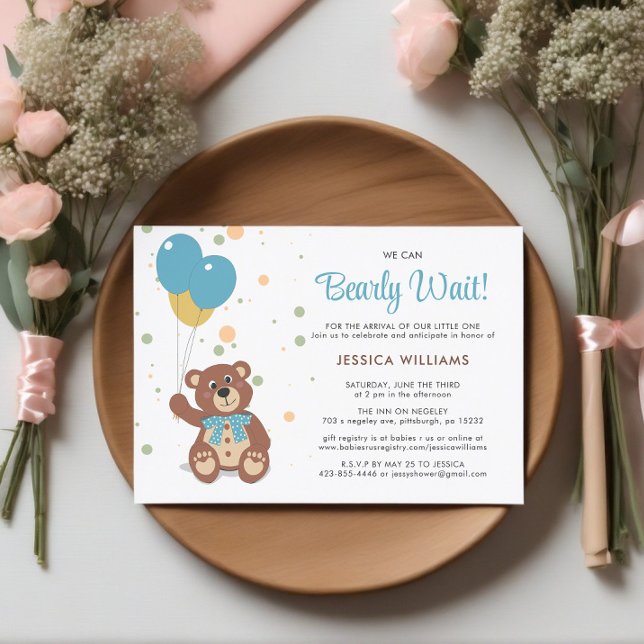 We Can Bearly Wait Cute Bear Theme Boy Baby Shower Invitation (Baby Shower Invite)