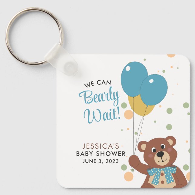 We Can Bearly Wait Cute Blue Baby Boy Custom Name Key Ring (Front)