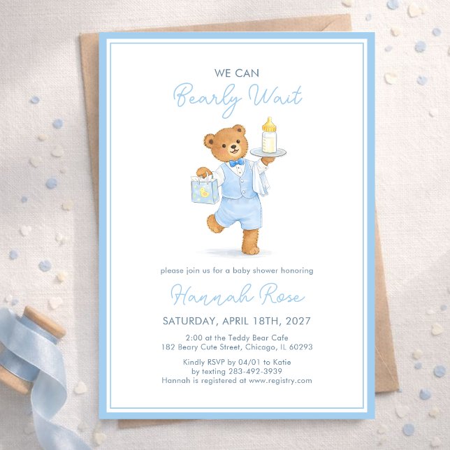 We Can Bearly Wait Cute Blue Boy Teddy Baby Shower Invitation (Creator Uploaded)