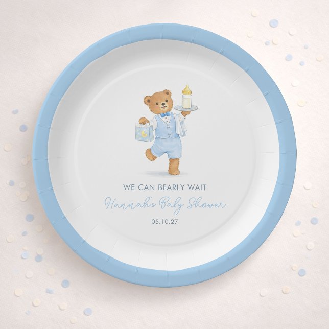 We Can Bearly Wait Cute Blue Boy Teddy Baby Shower Paper Plate (Creator Uploaded)