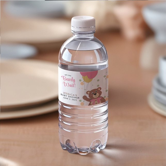 We Can Bearly Wait Cute Pink Baby Shower Favours Water Bottle Label (Creator Uploaded)