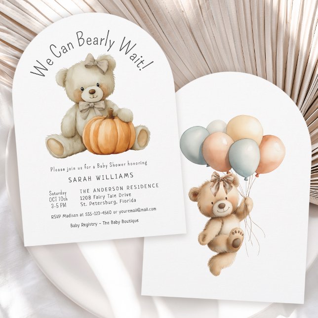 We Can Bearly Wait Cute Pumpkin Girl Baby Shower Invitation (Available in both printed and instant download digital formats.)