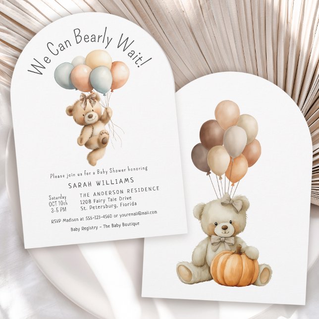 We Can Bearly Wait Cute Pumpkin Girl Baby Shower Invitation (Available in both printed and instant download digital formats.)