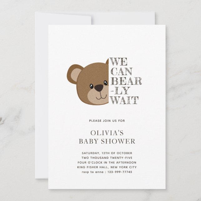 We Can Bearly Wait | Cute Teddy Bear Baby Shower Invitation (Front)