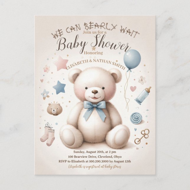 We Can Bearly Wait cute Teddy Bear Baby Shower Pos Postcard (Front)