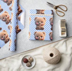 We can Bearly Wait cute teddy bear Polka dots Wrapping Paper