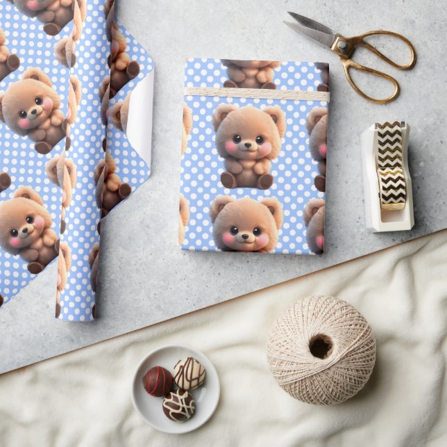 We can Bearly Wait cute teddy bear Polka dots  Wrapping Paper (Crafts)