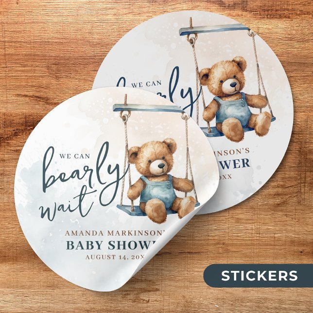 We Can Bearly Wait Denim Teddy Bear Baby Shower Classic Round Sticker (Creator Uploaded)