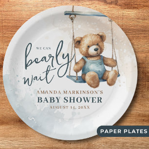 We Can Bearly Wait Denim Teddy Bear Baby Shower Paper Plate