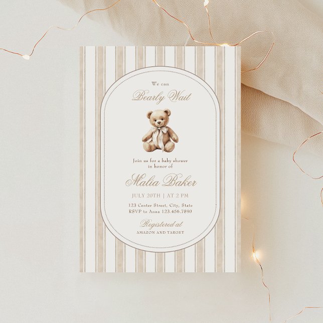 We Can Bearly Wait Elegant Teddy Bear Baby Shower Invitation (Creator Uploaded)