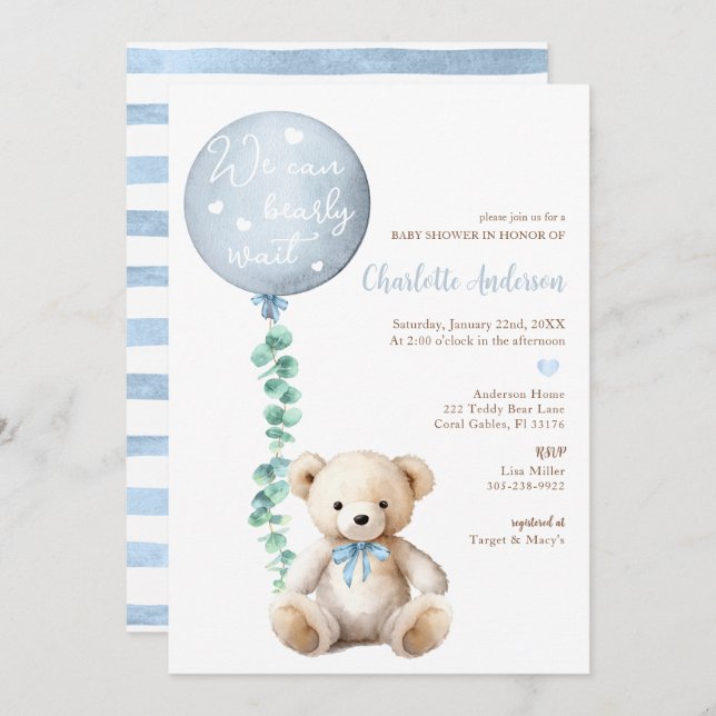 We Can Bearly Wait Eucalyptus Bear Baby Shower Invitation (Front/Back)