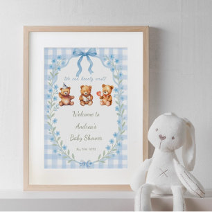 We Can Bearly Wait Floral Blue Gingham Welcome Poster