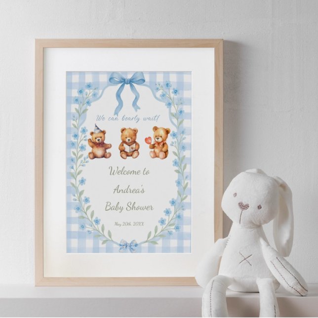 We Can Bearly Wait Floral Blue Gingham Welcome Poster (Creator Uploaded)