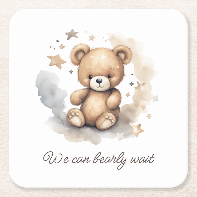 We Can Bearly Wait Gender Neutral Baby Shower Square Paper Coaster (Front)
