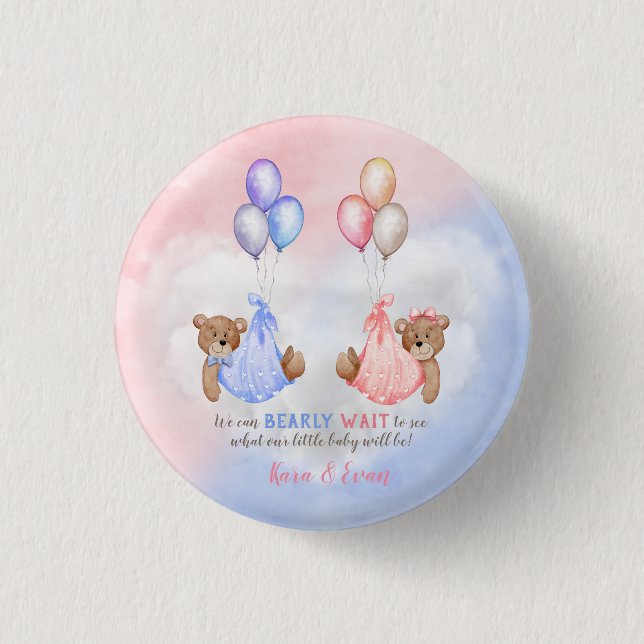 We Can Bearly Wait Gender Reveal Bears Pink Blue 3 Cm Round Badge (Front)