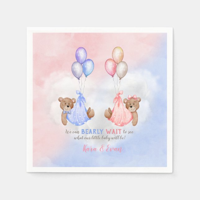 We Can Bearly Wait Gender Reveal Bears Pink Blue Napkin (Front)