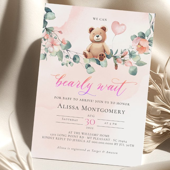 We Can Bearly Wait! Girl Baby Shower Invitation (Creator Uploaded)
