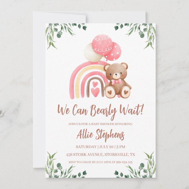 We Can Bearly Wait Girl Baby Shower Invitation (Front)