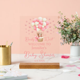 we can bearly wait, girl baby shower pink welcome acrylic sign