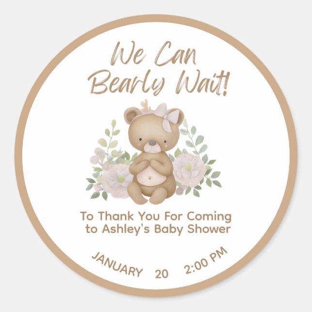 We Can Bearly Wait Girl Baby Shower Thank You Classic Round Sticker (Front)