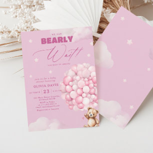 We Can Bearly Wait Girl Bear Balloon Baby Shower Invitation