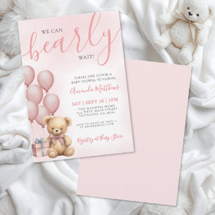 We Can Bearly Wait Girl Pink Bear Baby Shower Invitation