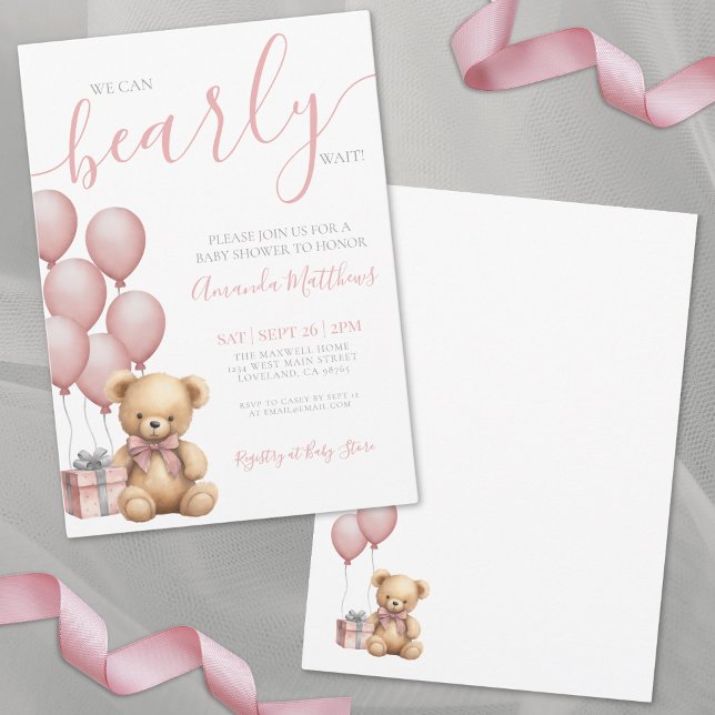 We Can Bearly Wait Girl Pink Bear Baby Shower Invitation (We Can Bearly Wait Girl Pink Bear Baby Shower Invitation)