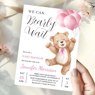 We Can Bearly Wait Girl Teddy Bear Baby Shower Invitation